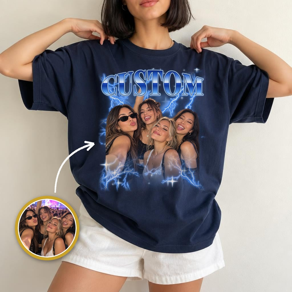 Personalisiert Foto T-Shirt Damen mit Wunschname im Y2K Blitz-Look – Freundinnen Shirt mit Bild Geschenk zum Geburtstag