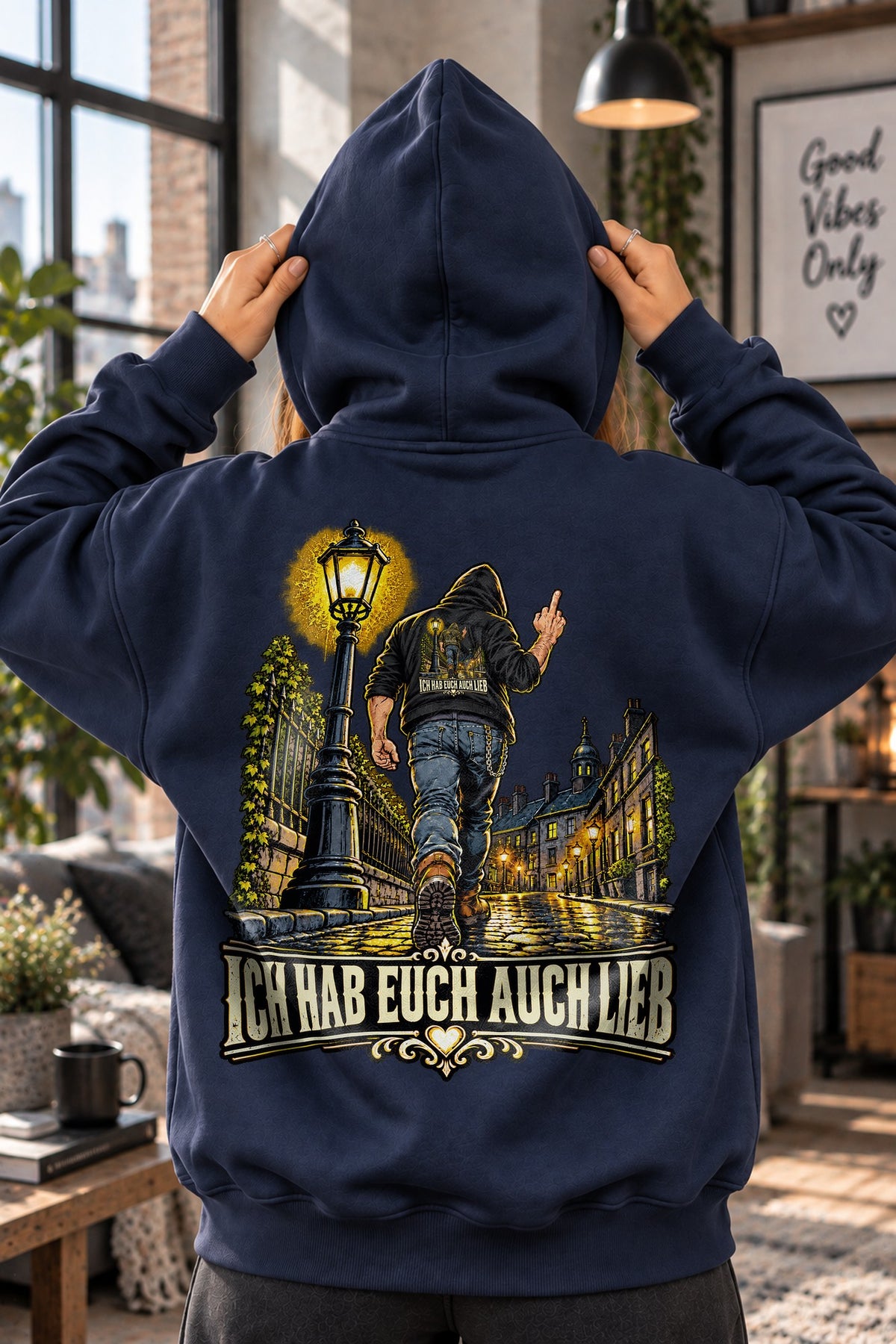Naechtlicher Spaziergang Backprint Hoodie mit Ich Hab Euch Auch Lieb Spruch - dunkler Streetwear Rueckenprint