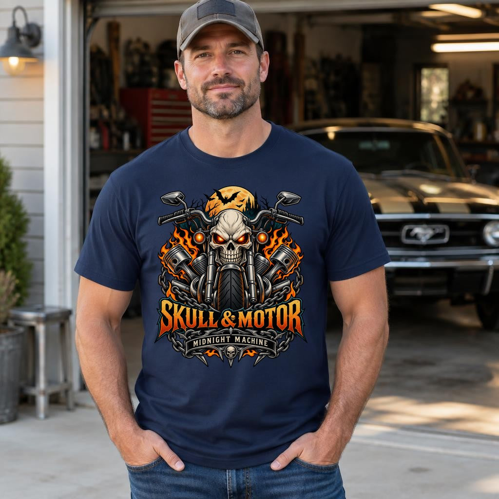 Skull & Motor T-Shirt Herren, Biker Shirt mit Totenkopf Motorrad Print, Midnight Machine Rocker Tee Geschenk für Motorradfahrer