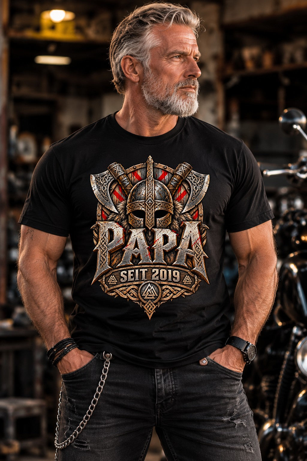 Papa T-Shirt personalisiert mit Wunschjahr, Wikinger Viking Geschenk für Vater, Seit Jahr Shirt Herren