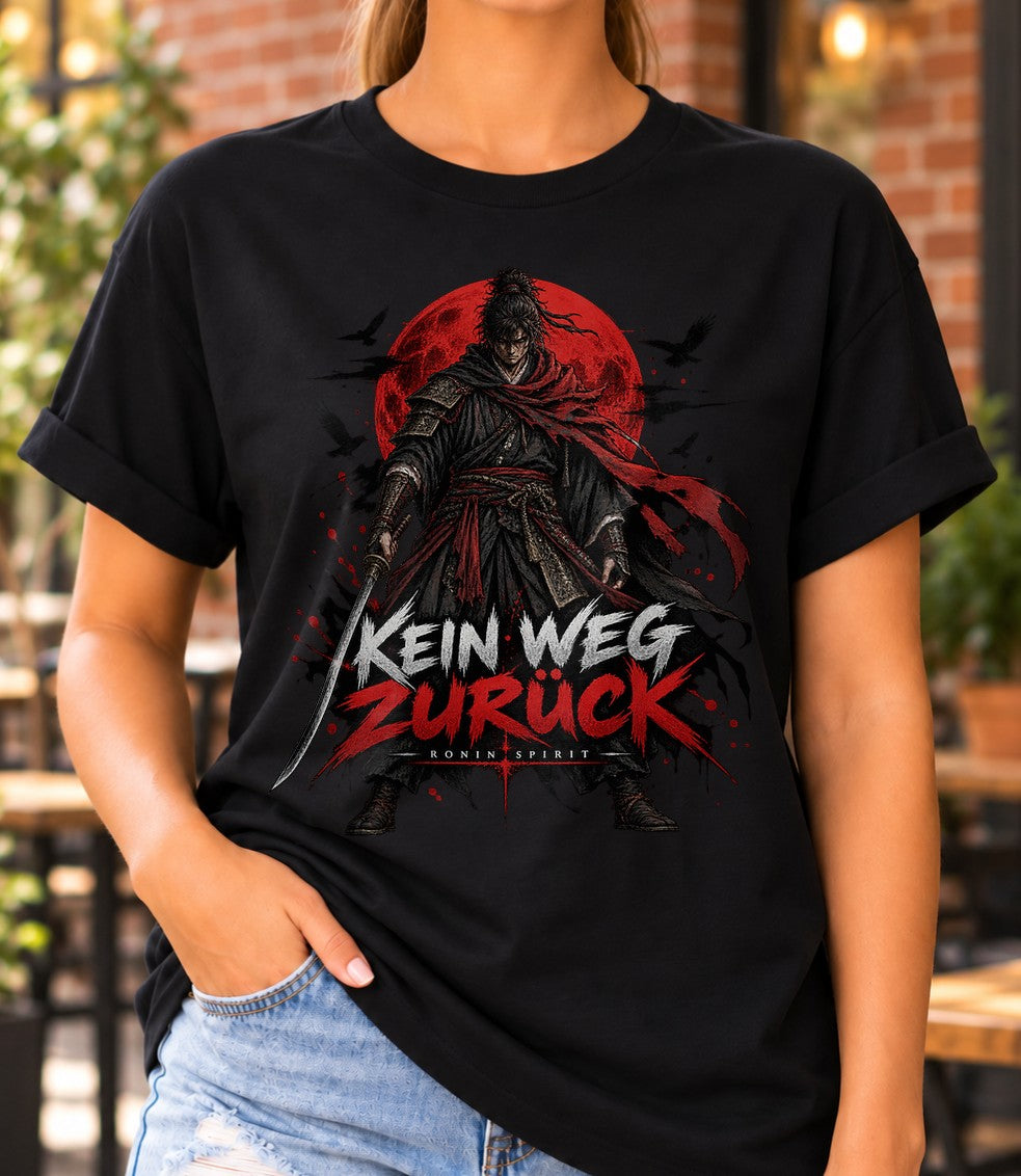 Kein Weg Zurück Ronin Spirit T-Shirt Damen Oversized Samurai Shirt Anime Look Vintage Washed Schwarz Unisex