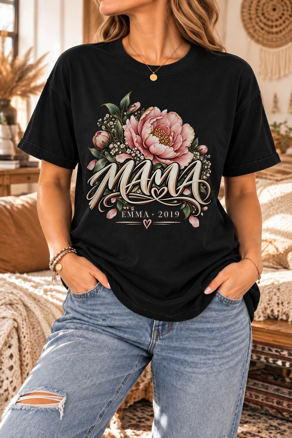 Personalisiert Mama T-Shirt mit Namen & Wunschjahr, Blumen Schriftzug Shirt, Geschenk für Mutter individuell