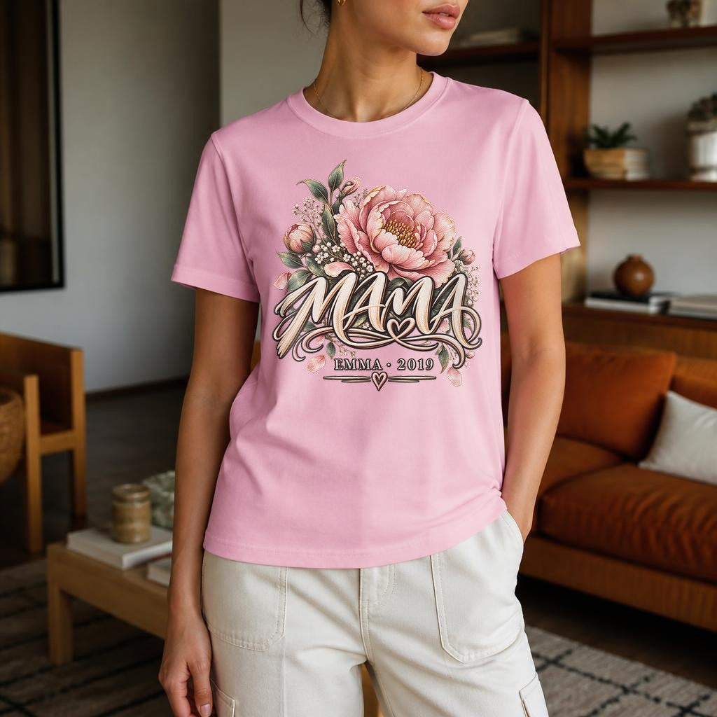 Personalisiert Mama T-Shirt mit Namen & Wunschjahr, Blumen Schriftzug Shirt, Geschenk für Mutter individuell