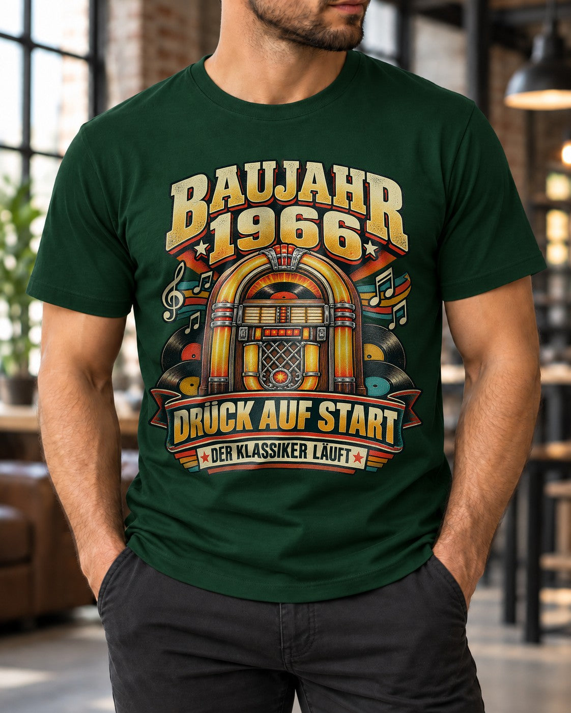 Baujahr 1966 T-Shirt Herren Retro Jukebox Geburtstag Shirt Druck auf Start Der Klassiker läuft Geschenk Mann
