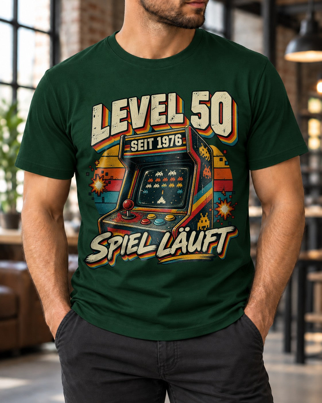 Level 50 Seit 1976 Spiel Laeuft T-Shirt, Retro Gamer Geburtstag 50, Vintage Arcade Shirt fuer Maenner und Frauen
