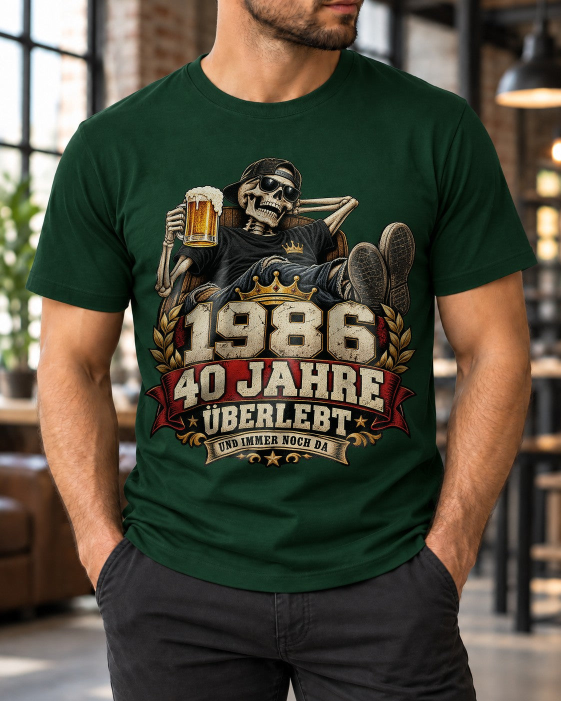 1986 40 Jahre Überlebt T-Shirt Herren, lustiges 40. Geburtstag Shirt mit Skelett Bier, Geschenk zum Vierzigsten
