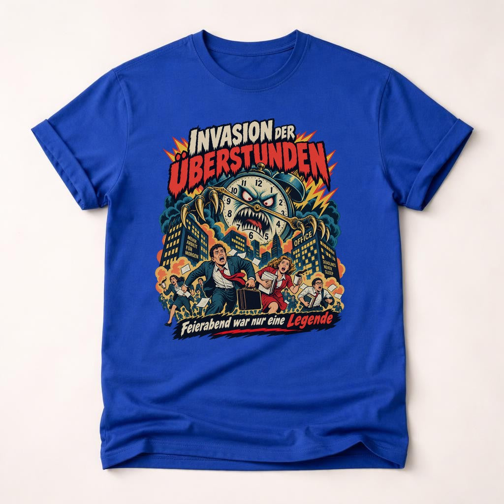 Camiseta para hombre "Invasión de horas extras", frase divertida de oficina, diseño retro de monstruo con reloj, leyenda del fin de jornada, regalo para compañero