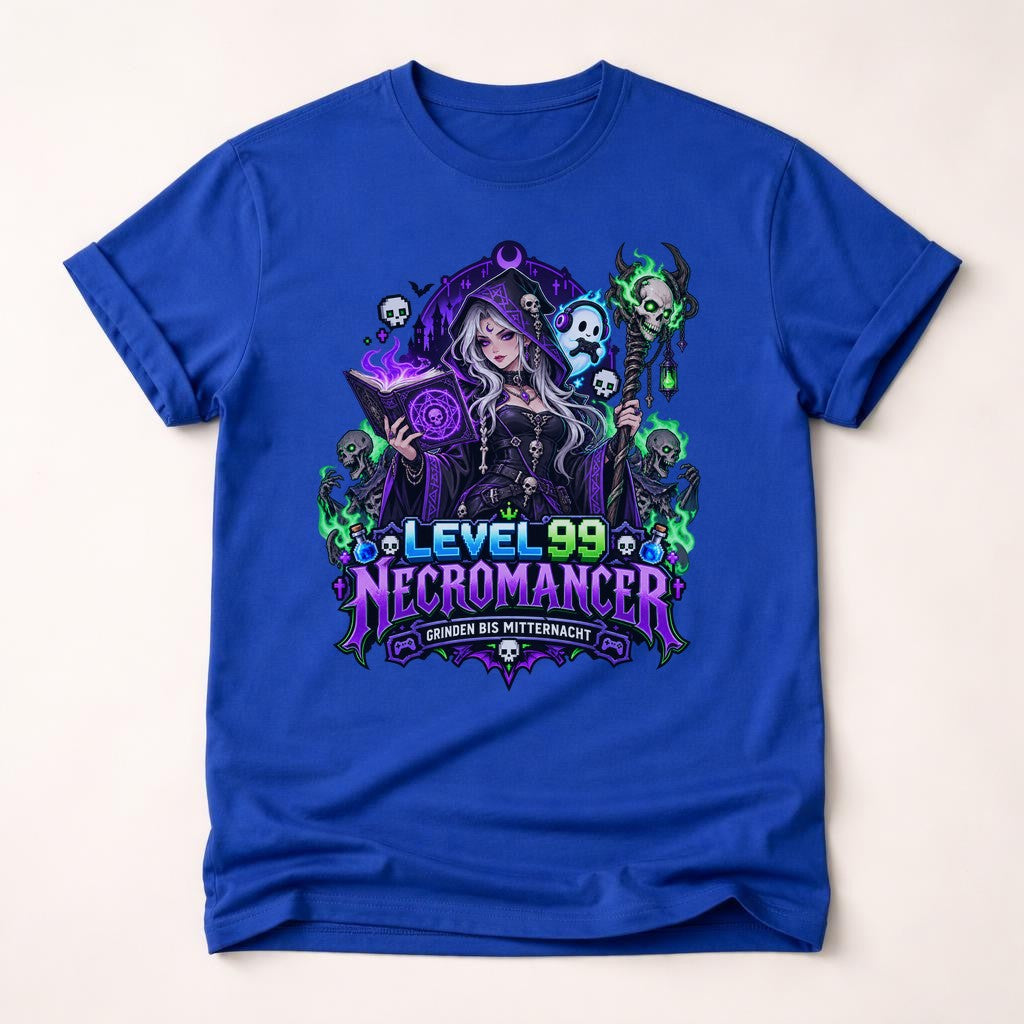 Level 99 Necromancer T-Shirt Herren Damen, Gamer Fantasy Shirt, Grinden bis Mitternacht, Gothic RPG Funshirt