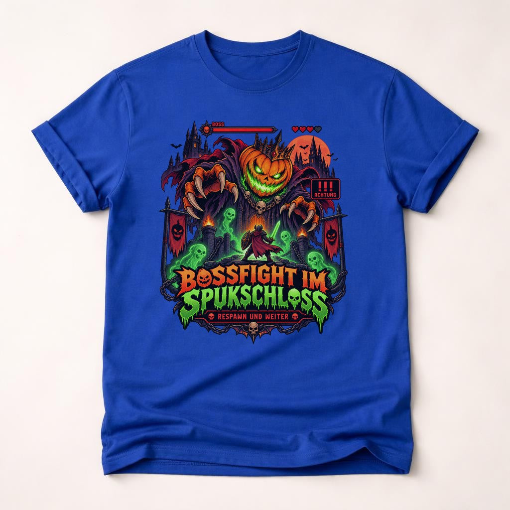 Bossfight im Spukschloss T-Shirt Halloween Gamer Shirt Unisex Grusel Gaming Funshirt Pumpkin Boss Tee