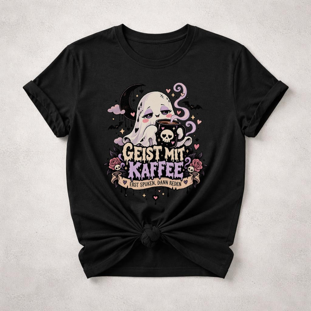 Geist mit Kaffee T-Shirt Damen Oversized Lustig Gothic Kawaii Kaffee Spruchshirt Schwarz Halloween Ghost Tee