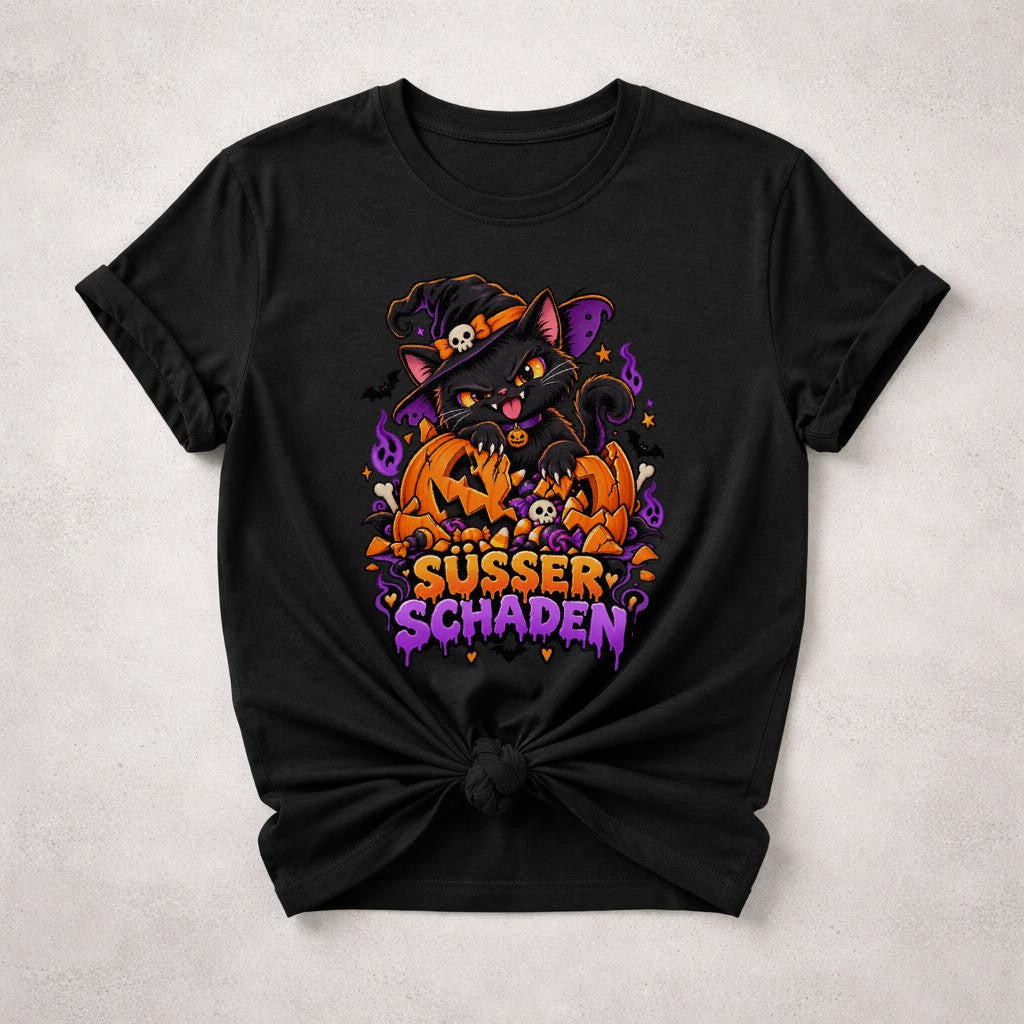 Süsser Schaden Halloween Katze T-Shirt Damen, Schwarze Katze Hexe Kürbis, Lustiges Spooky Shirt Herbst