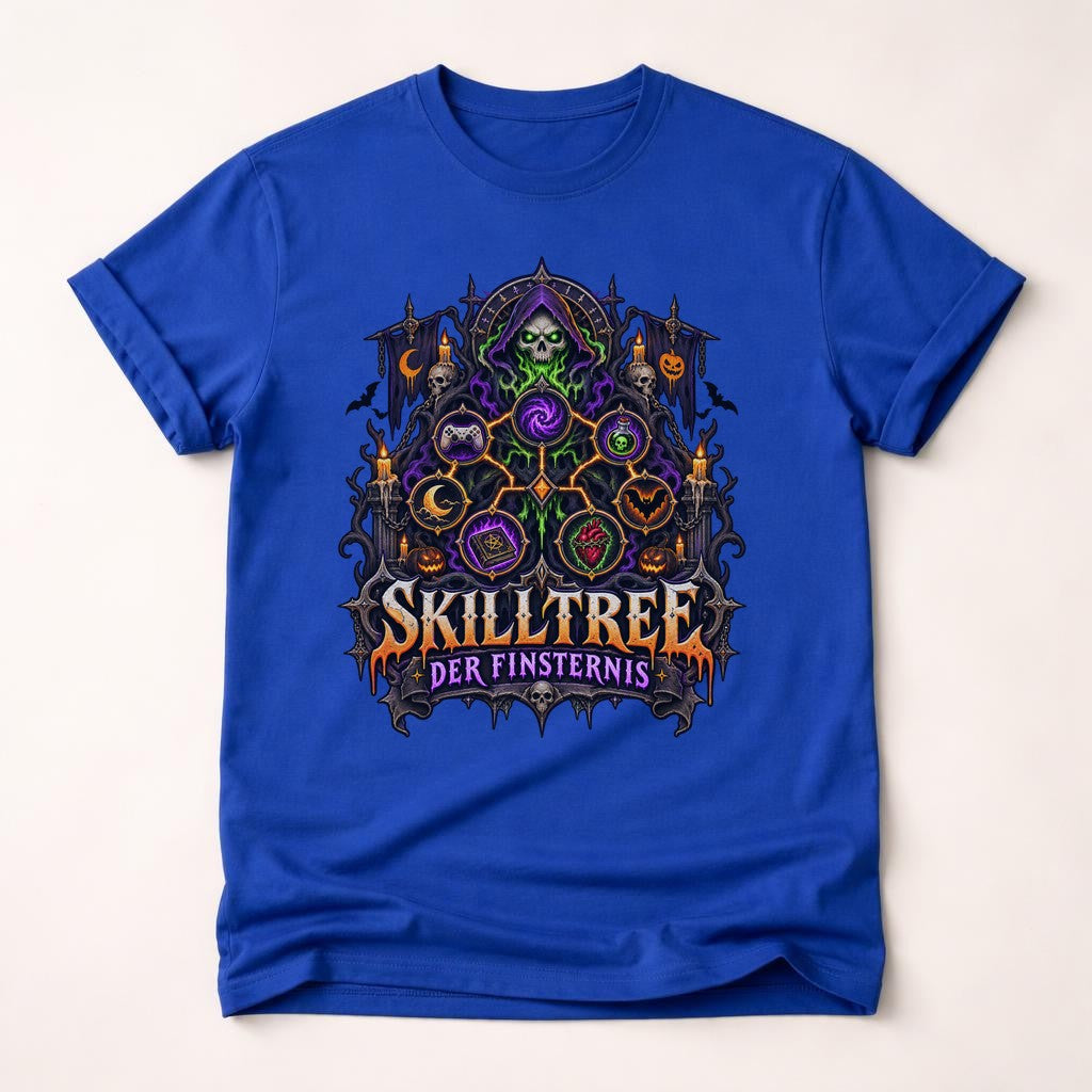 Skilltree der Finsternis T-Shirt Gamer Gothic Halloween Unisex, Dunkle Fantasy Shirt mit Skelett Magie Motiv