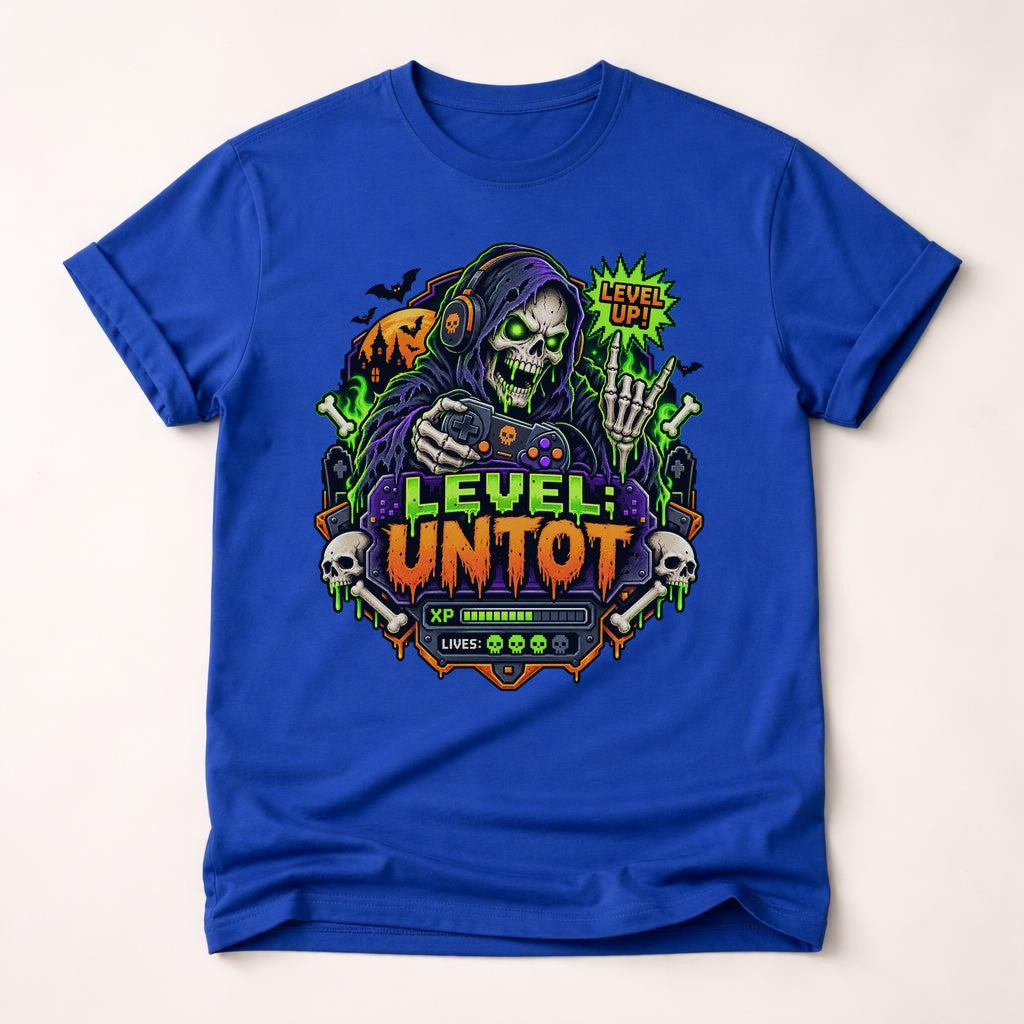 Level Untot Gamer T-Shirt Herren Damen, Lustiges Gaming Halloween Shirt, Skelett Zocker Tee, Nerd Geschenk