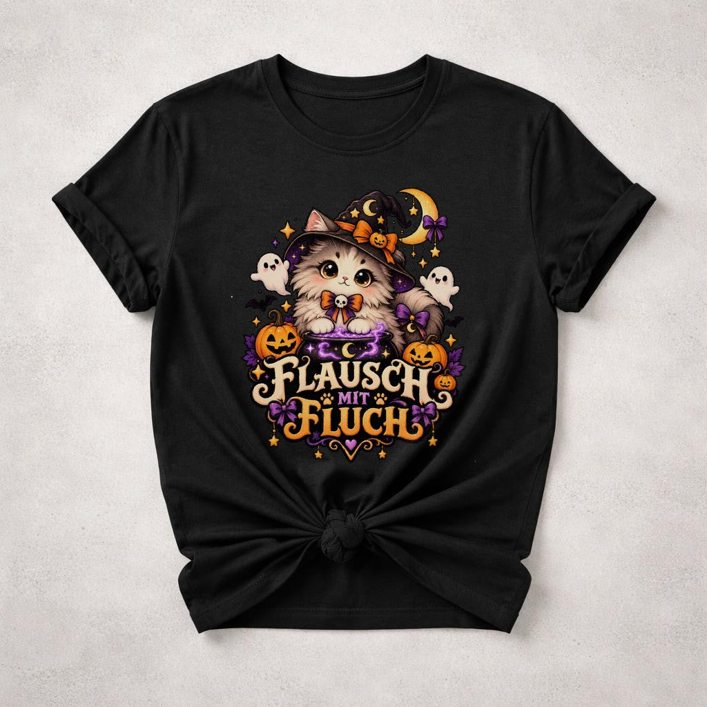 Flausch mit Fluch Halloween Katzen T-Shirt Damen Oversized Hexenkatze Cute Spooky Herbst Shirt Geschenk