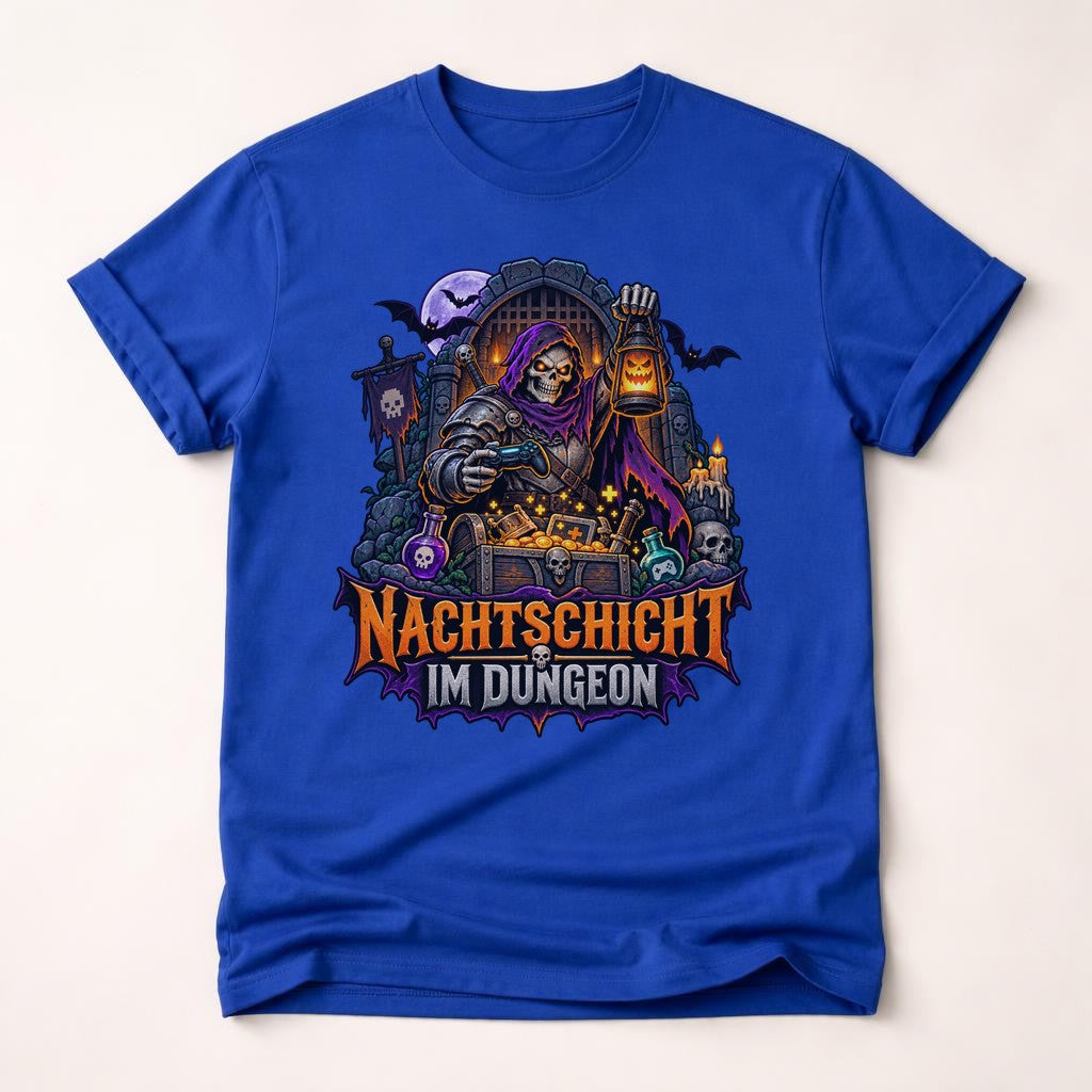 Nachtschicht im Dungeon T-Shirt Herren, Gamer Fantasy Shirt, Halloween Skelett RPG Tee, DnD Nerd Geschenk