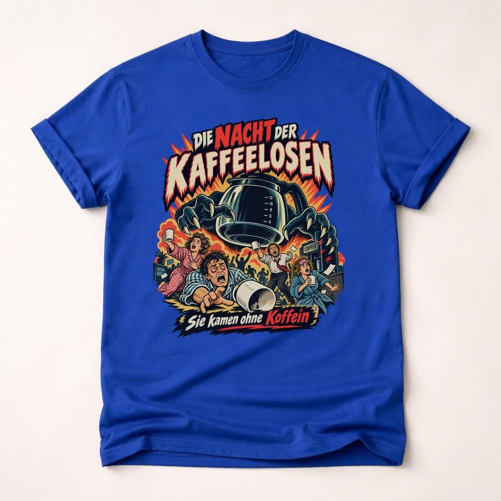La noche de los sin café camiseta divertida, camisa de humor cafetero, camiseta divertida de cafeína terror retro unisex