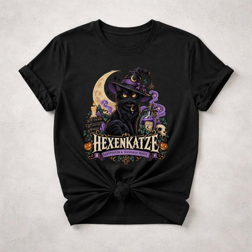 Hexenkatze T-Shirt Damen Halloween Katze Magie Gothic Shirt Schwarze Katze Witchy Geschenk Hexe Herbst Oberteil