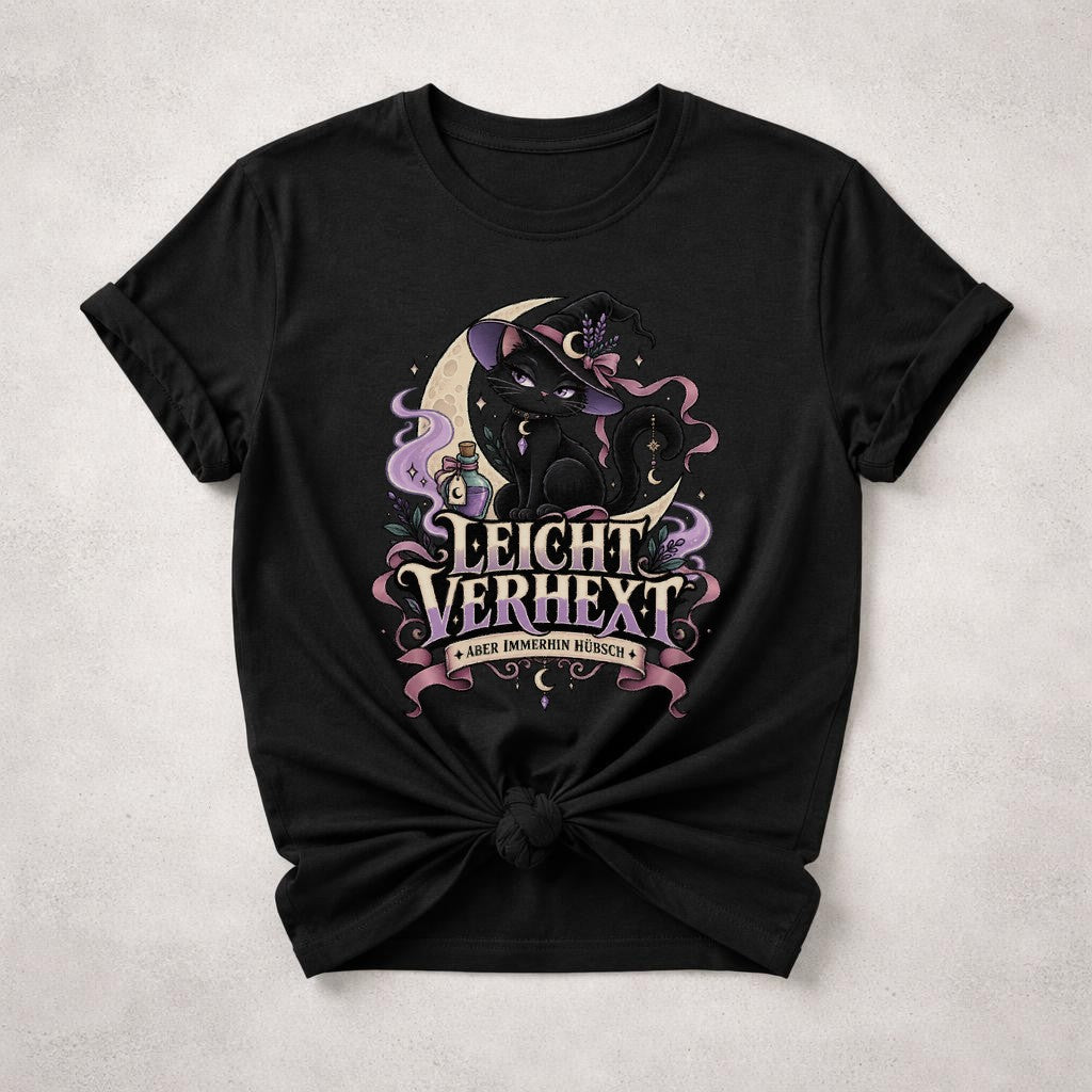 Leicht Verhext Aber Immerhin Hübsch T-Shirt Damen Oversized Hexe Katze Gothic Halloween Shirt