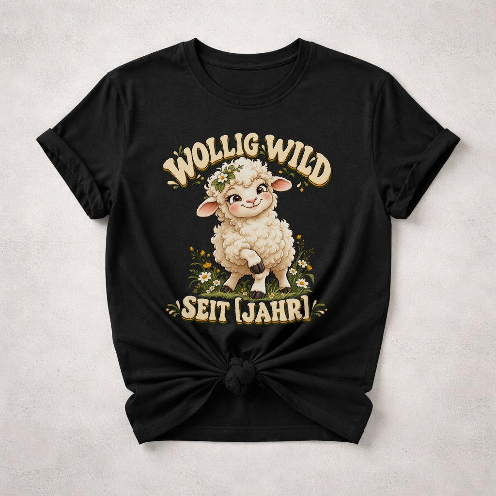 Wollig Wild personalisiert mit Wunschjahr T-Shirt, lustiges Schaf Geburtstag Shirt, individuelles Geschenk Damen Oversized