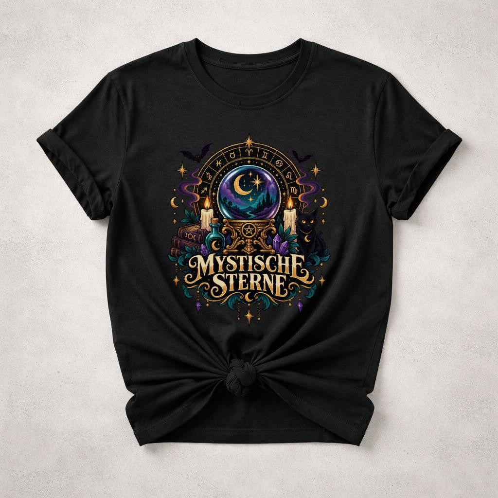 Mystische Sterne T-Shirt Damen Oversized, Hexen Astrologie Shirt, Gothic Mond Sterne Kristall Katze Geschenk