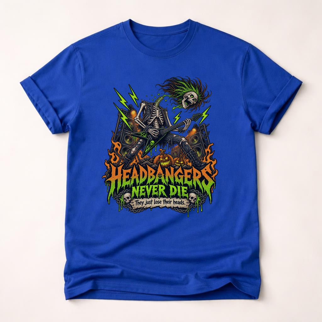 Camiseta Headbangers Never Die para hombre y unisex, camiseta de Halloween de metal con esqueleto guitarrista, regalo divertido para rockeros