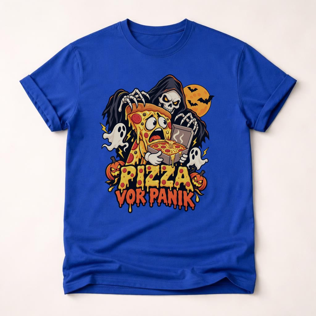 Pizza vor Panik T-Shirt Halloween Lustig Skelett Pizza Shirt Unisex Grusel Funshirt Geschenk