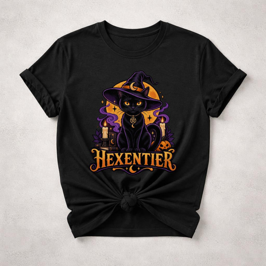Hexentier Katzen T-Shirt Damen Oversized Halloween Katze Hexe Gothic Retro Shirt Schwarz