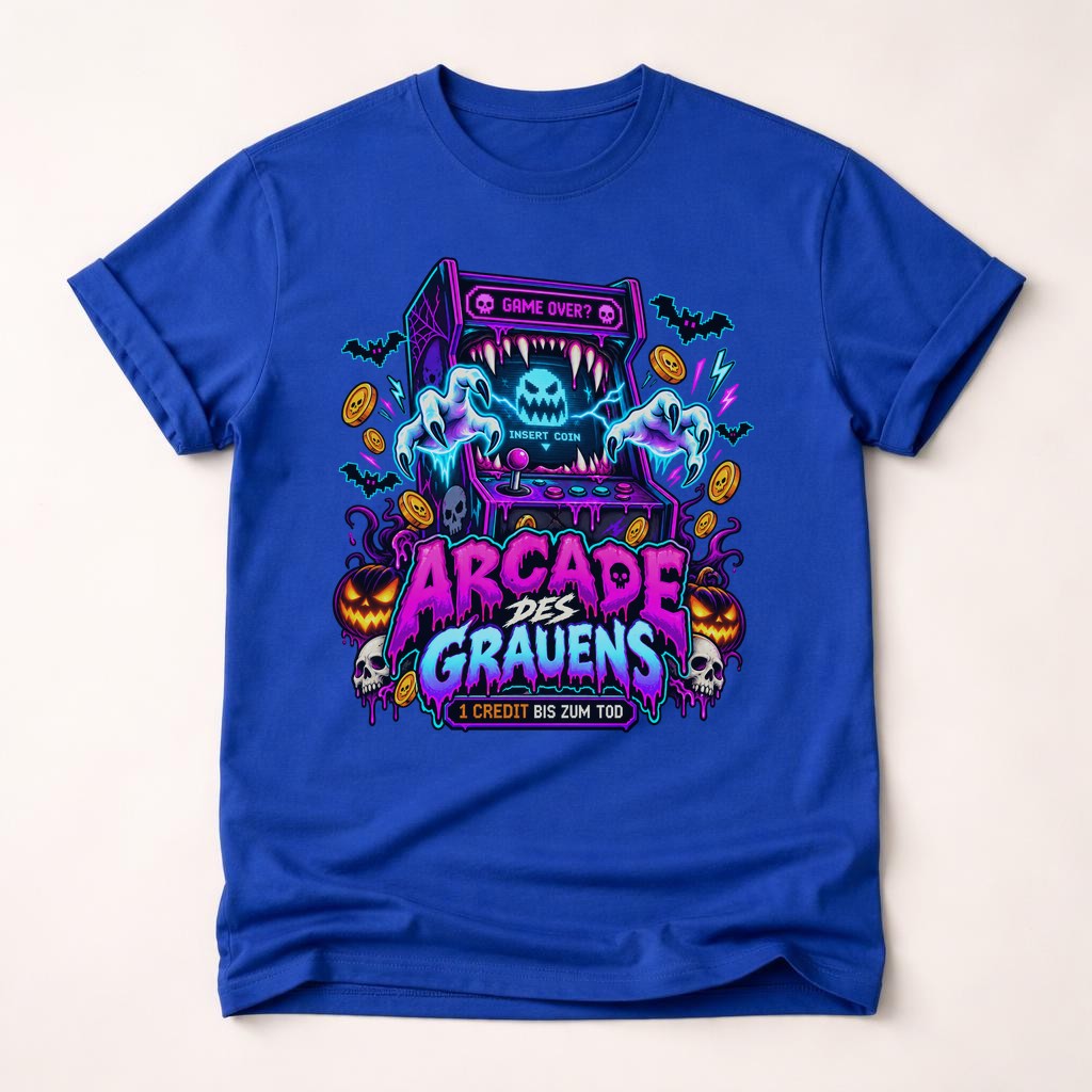 Arcade des Grauens T-Shirt Herren Damen, Horror Gamer Shirt, Halloween Retro Arcade Tee, Neon Grusel Funshirt Unisex
