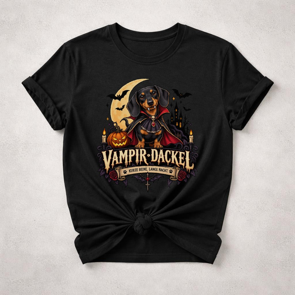 Vampir Dackel T-Shirt Damen Halloween Hundeshirt Gothic Retro Spruch Kurze Beine Lange Nacht Geschenk
