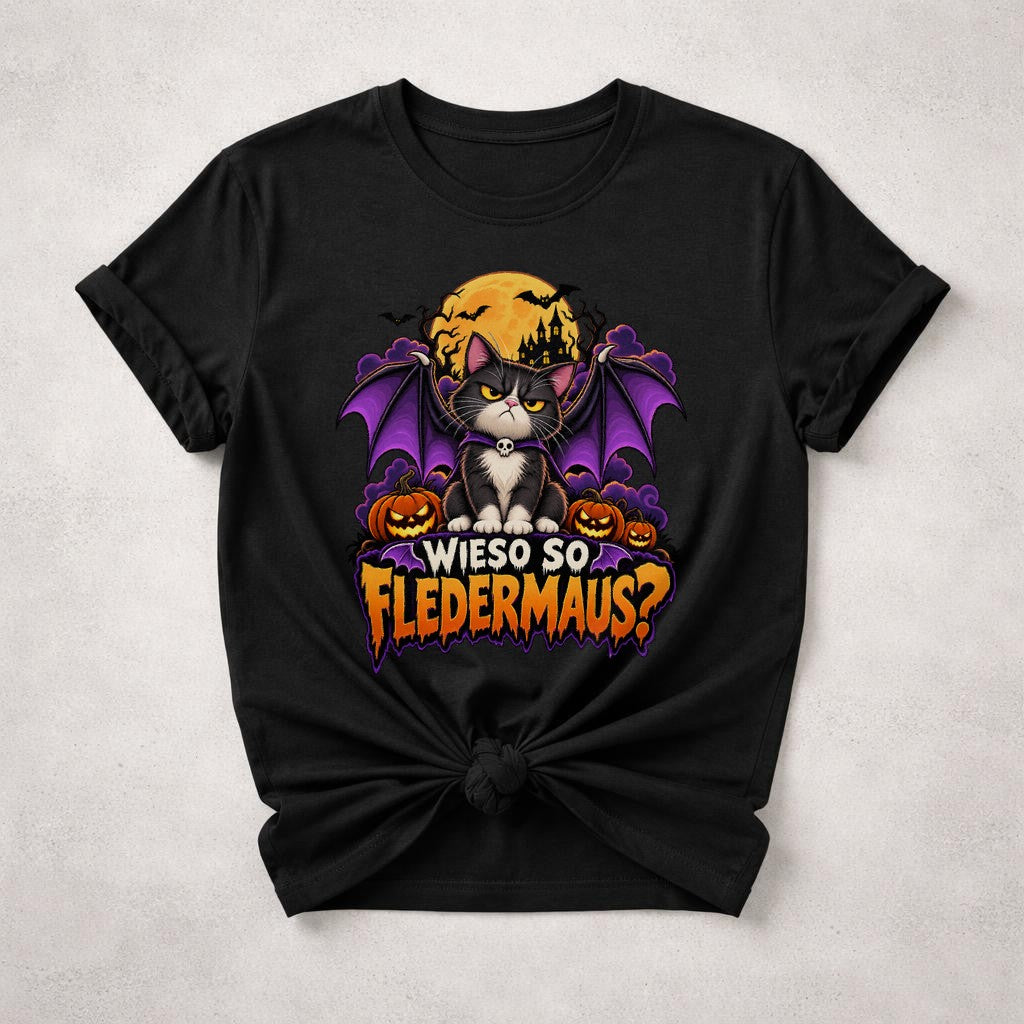 ¿Por qué tan murciélago? Camiseta de mujer Halloween gato gótico divertido, camisa de gato murciélago, otoño espeluznante, camiseta divertida