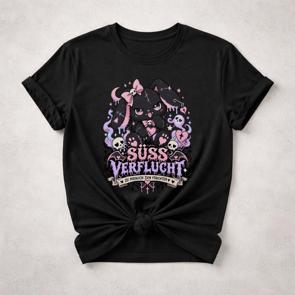 Süss Verflucht T-Shirt Damen Oversized Gothic Kawaii Hase Schwarz Cute Spooky Grunge Shirt Halloween Emo