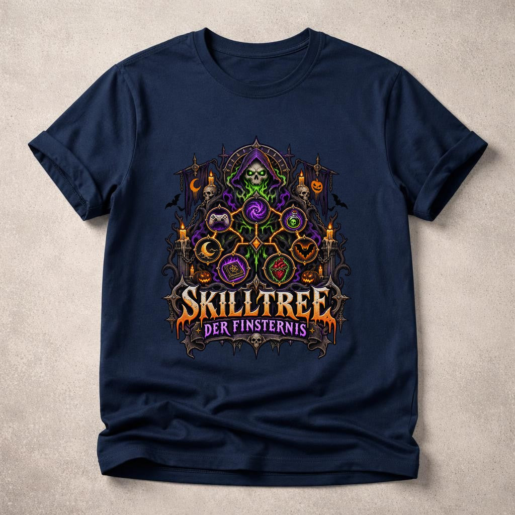 Skilltree der Finsternis T-Shirt Gamer Gothic Halloween Unisex, Dunkle Fantasy Shirt mit Skelett Magie Motiv