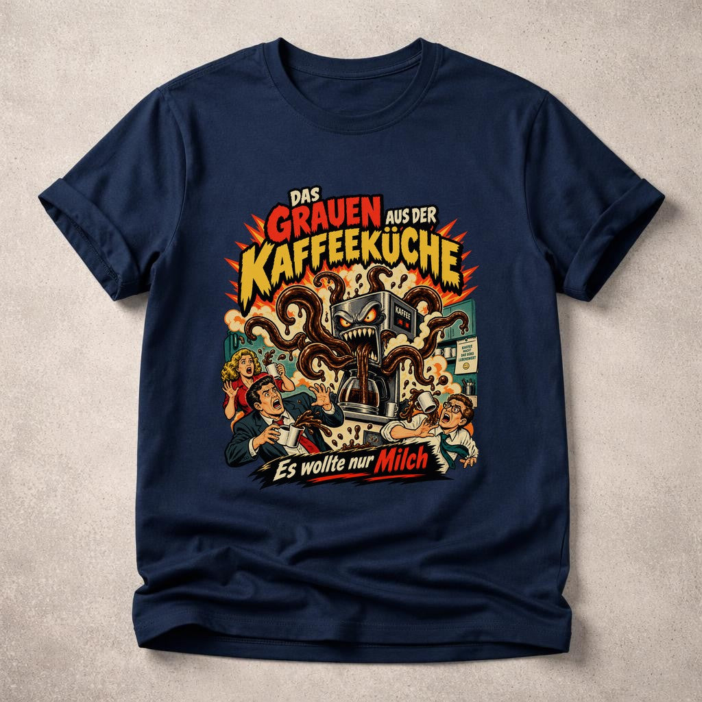 Lustiges Büro Kaffee T-Shirt Herren Damen – Das Grauen aus der Kaffeeküche – Sarkastisches Funshirt Arbeit