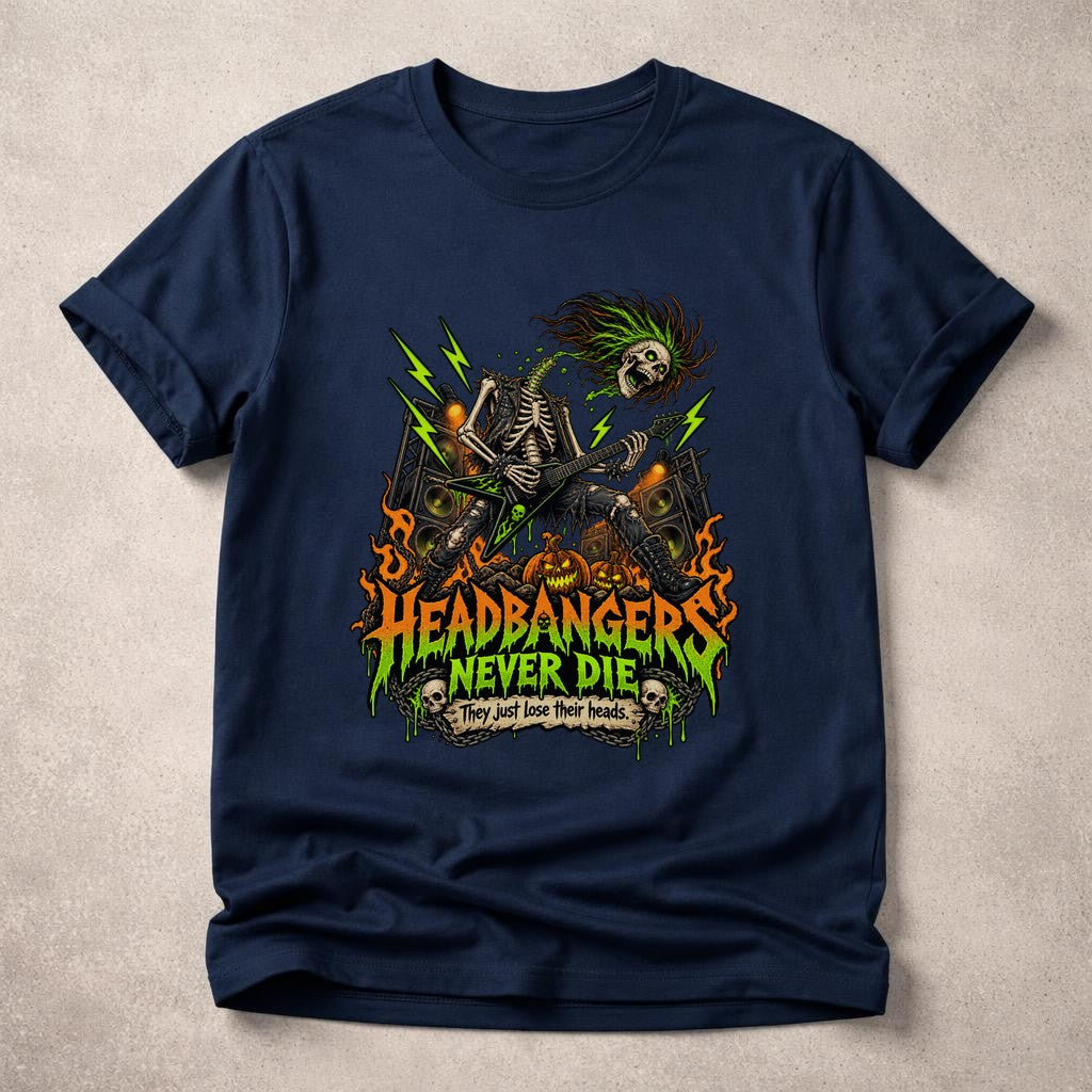 Camiseta Headbangers Never Die para hombre y unisex, camiseta de Halloween de metal con esqueleto guitarrista, regalo divertido para rockeros