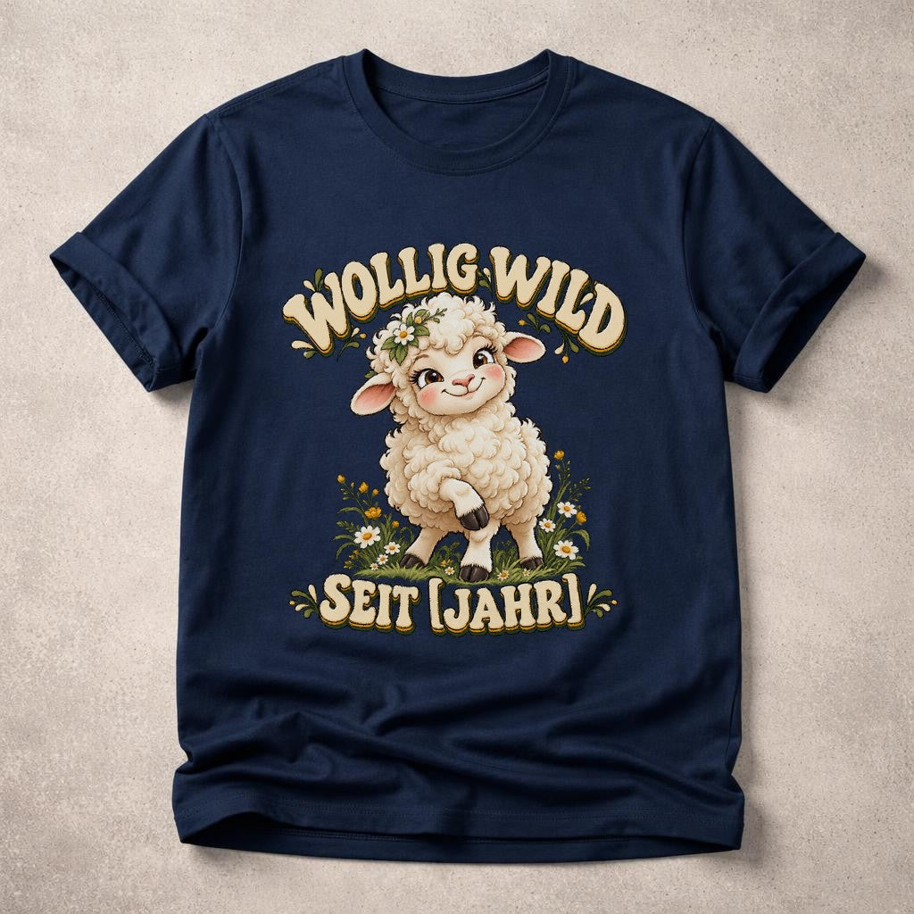 Wollig Wild personalisiert mit Wunschjahr T-Shirt, lustiges Schaf Geburtstag Shirt, individuelles Geschenk Damen Oversized
