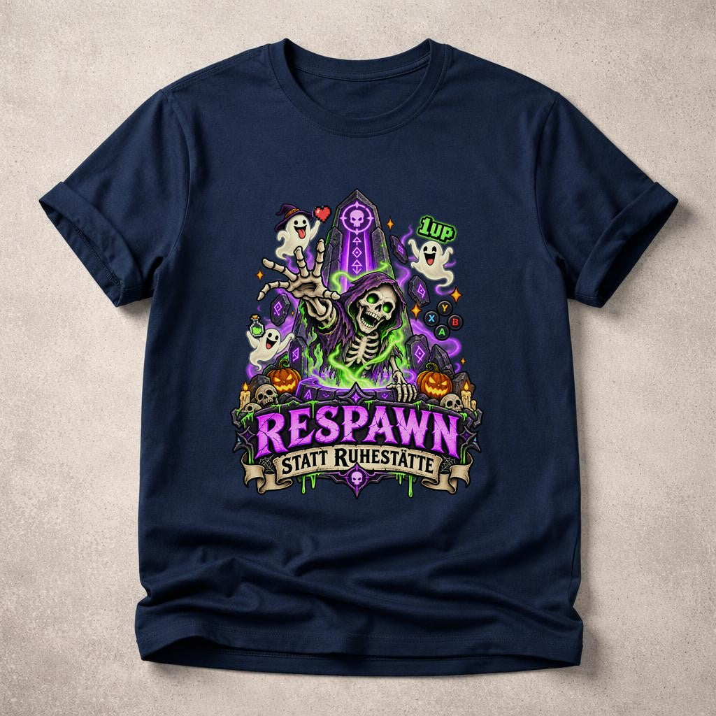 Respawn statt Ruhestätte T-Shirt Gamer Halloween Skelett Ghost Retro Gaming Geschenk Unisex