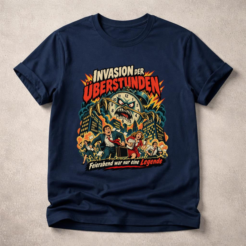 Camiseta para hombre "Invasión de horas extras", frase divertida de oficina, diseño retro de monstruo con reloj, leyenda del fin de jornada, regalo para compañero