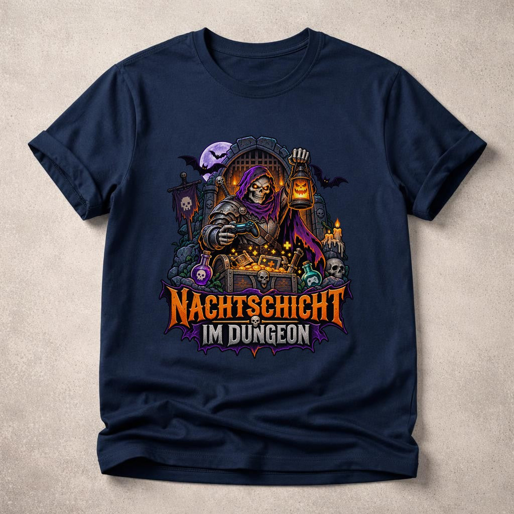 Nachtschicht im Dungeon T-Shirt Herren, Gamer Fantasy Shirt, Halloween Skelett RPG Tee, DnD Nerd Geschenk