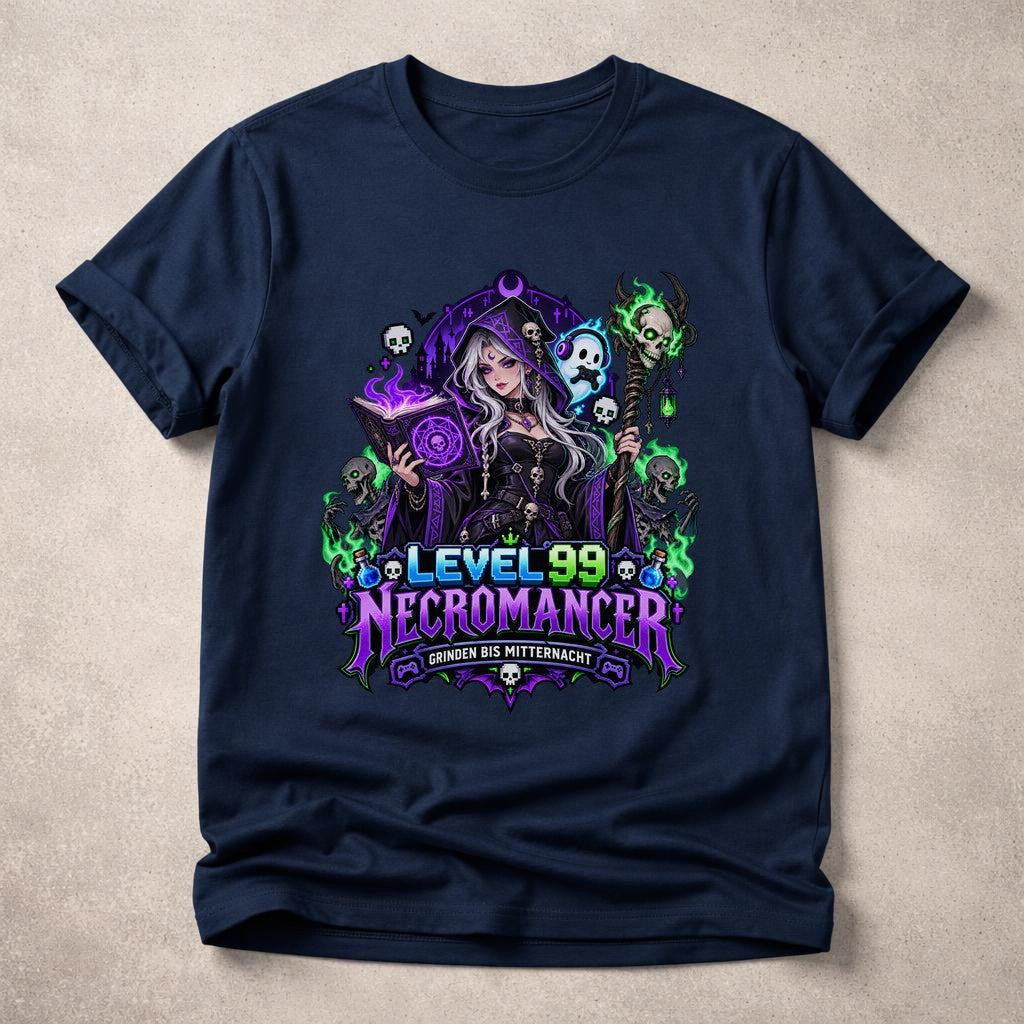 Level 99 Necromancer T-Shirt Herren Damen, Gamer Fantasy Shirt, Grinden bis Mitternacht, Gothic RPG Funshirt