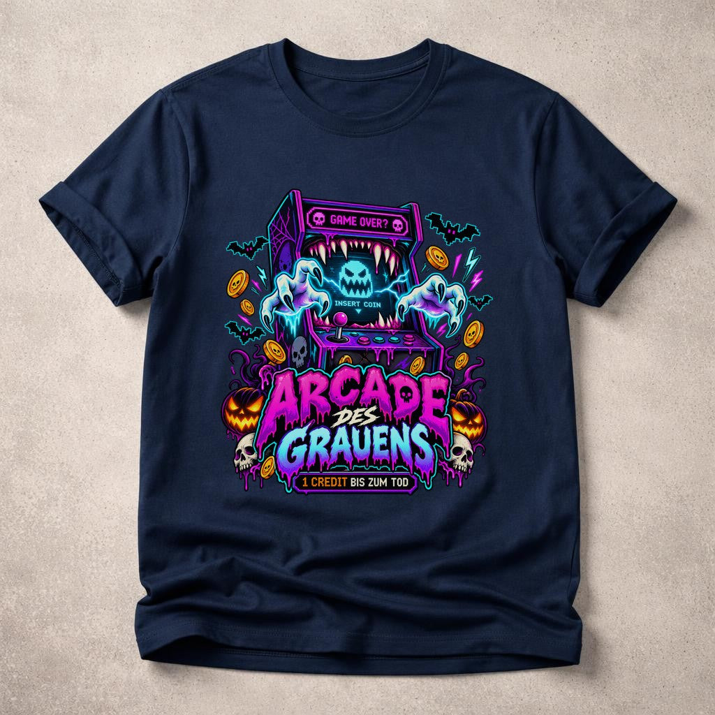 Arcade des Grauens T-Shirt Herren Damen, Horror Gamer Shirt, Halloween Retro Arcade Tee, Neon Grusel Funshirt Unisex