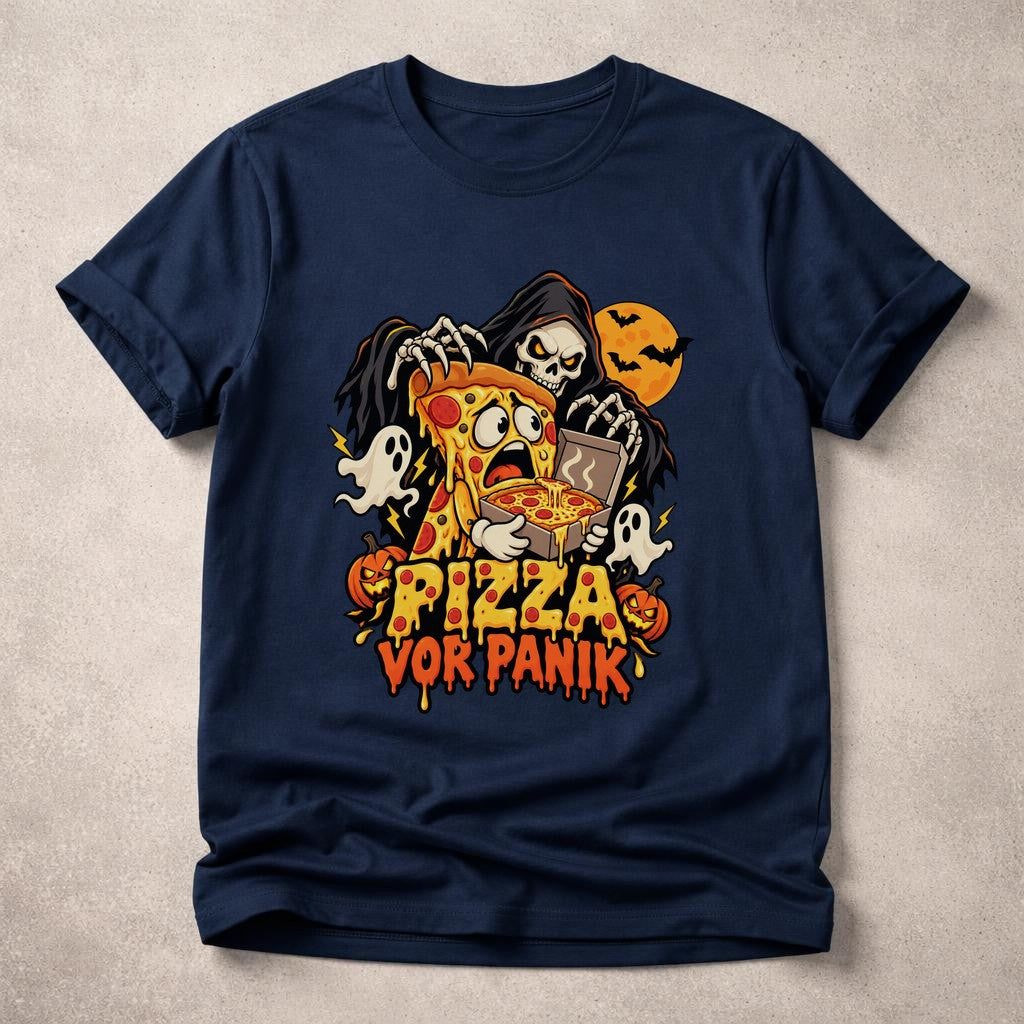 Pizza vor Panik T-Shirt Halloween Lustig Skelett Pizza Shirt Unisex Grusel Funshirt Geschenk