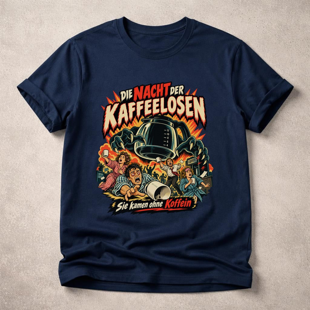 La noche de los sin café camiseta divertida, camisa de humor cafetero, camiseta divertida de cafeína terror retro unisex