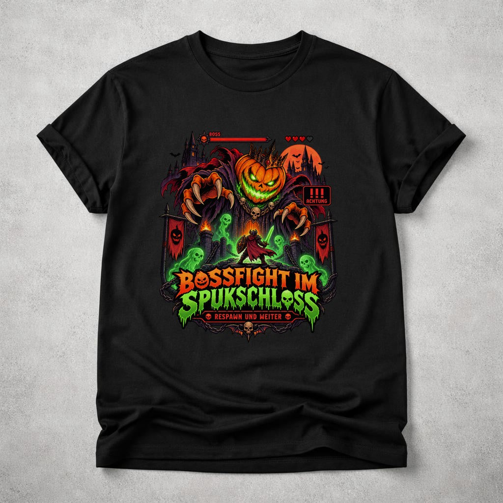 Bossfight im Spukschloss T-Shirt Halloween Gamer Shirt Unisex Grusel Gaming Funshirt Pumpkin Boss Tee