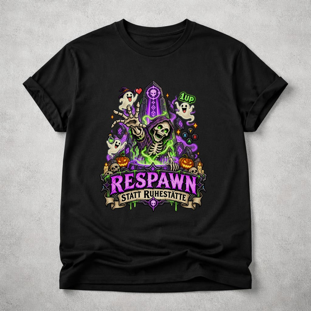 Respawn statt Ruhestätte T-Shirt Gamer Halloween Skelett Ghost Retro Gaming Geschenk Unisex