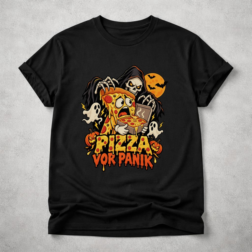 Pizza vor Panik T-Shirt Halloween Lustig Skelett Pizza Shirt Unisex Grusel Funshirt Geschenk