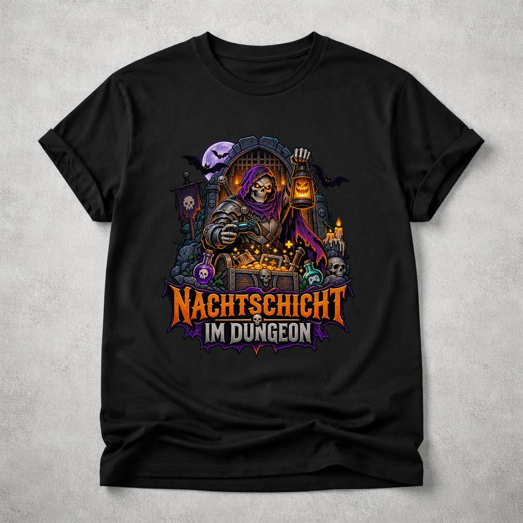 Nachtschicht im Dungeon T-Shirt Herren, Gamer Fantasy Shirt, Halloween Skelett RPG Tee, DnD Nerd Geschenk