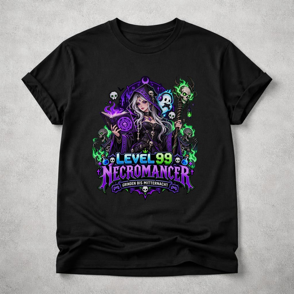 Level 99 Necromancer T-Shirt Herren Damen, Gamer Fantasy Shirt, Grinden bis Mitternacht, Gothic RPG Funshirt