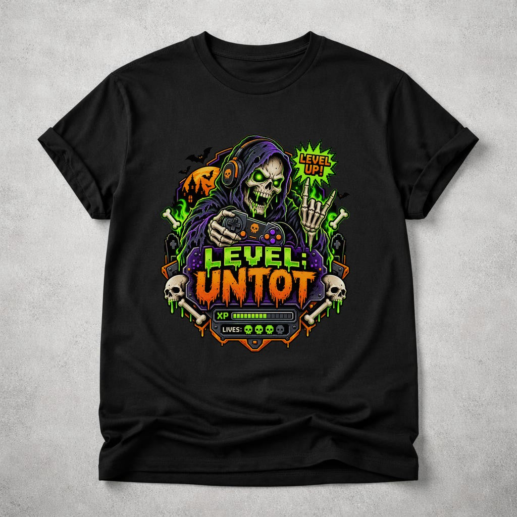 Level Untot Gamer T-Shirt Herren Damen, Lustiges Gaming Halloween Shirt, Skelett Zocker Tee, Nerd Geschenk