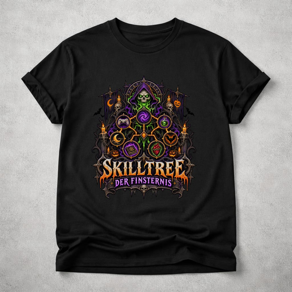 Skilltree der Finsternis T-Shirt Gamer Gothic Halloween Unisex, Dunkle Fantasy Shirt mit Skelett Magie Motiv