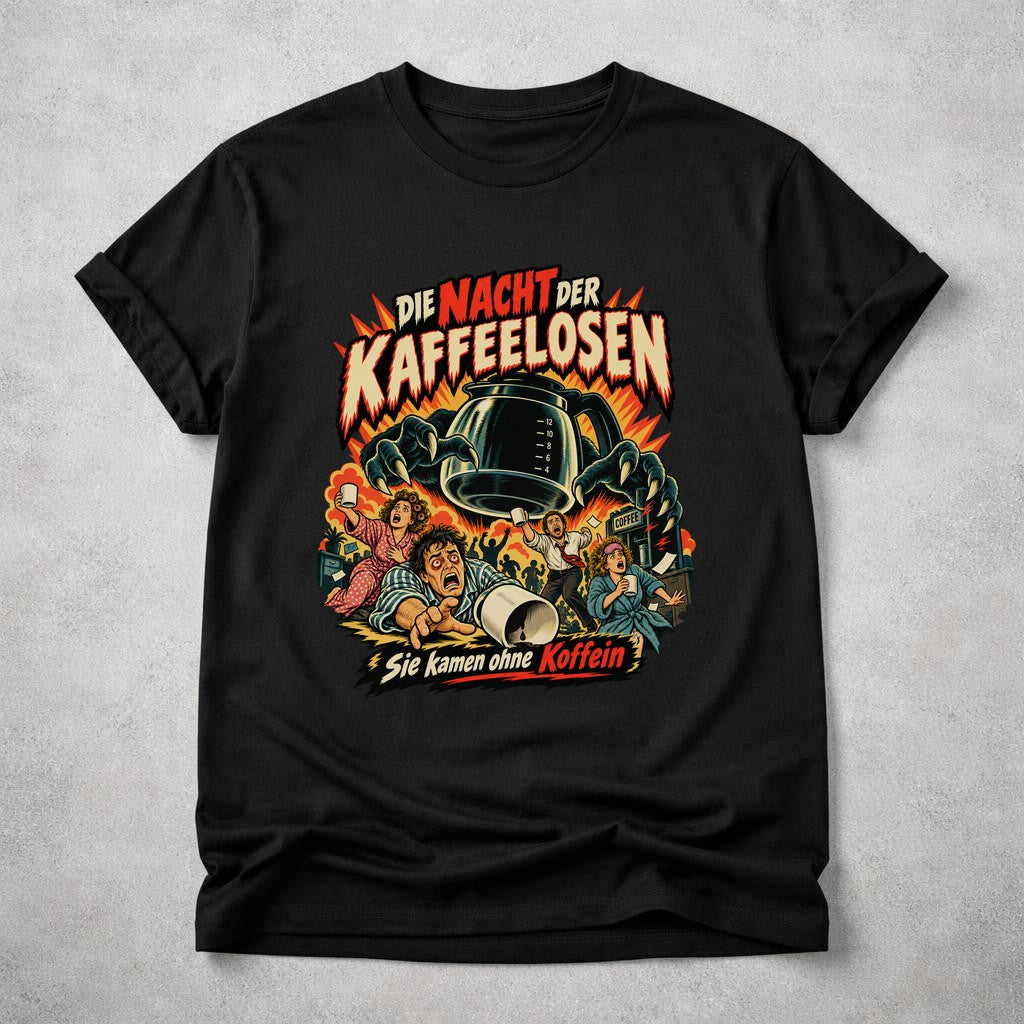 La noche de los sin café camiseta divertida, camisa de humor cafetero, camiseta divertida de cafeína terror retro unisex